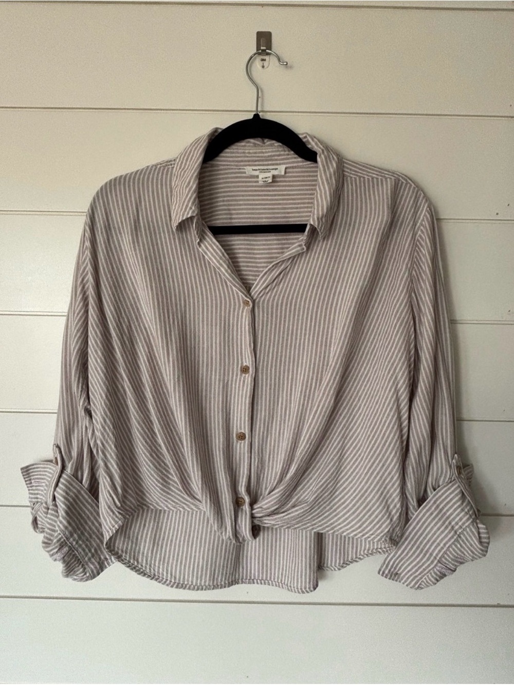 beachlunchlounge Taupe and White Striped Tie-Front Button-Down Top